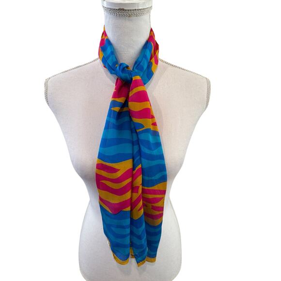 Vintage 80s Liz Claiborne Bold Print Rectangular Neck Scarf Turquoise Blue - Picture 3 of 5